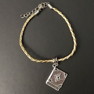 Gold Braided Leather Book Charm Bracelet